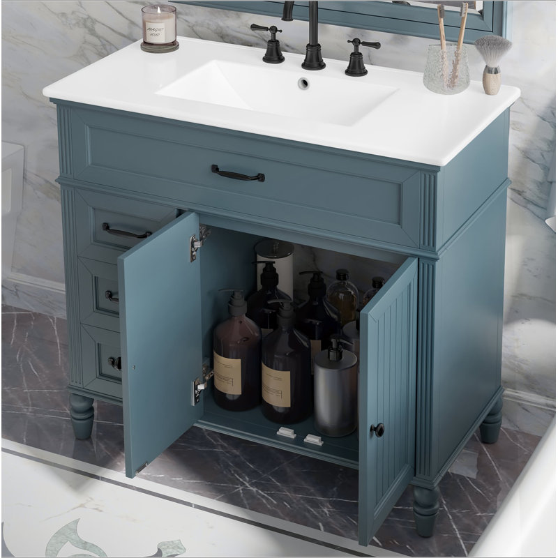 Meuble-lavabo 36 po avec lavabo, armoire de salle de bain bleue avec tiroirs, cadre solide et panneau de fibres à densité moyenne, un paquet