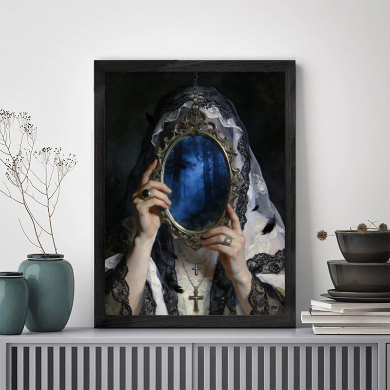 Art mural rétro noir et mystérieux, fantôme dans le miroir, H 11 po x l 9 po