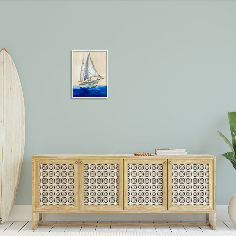 Voilier contemporain bleu profond par Liz Jardine 941, H 20 po x l 16 po x P 1,5 po, Giclée encadrée blanc bord de mer
