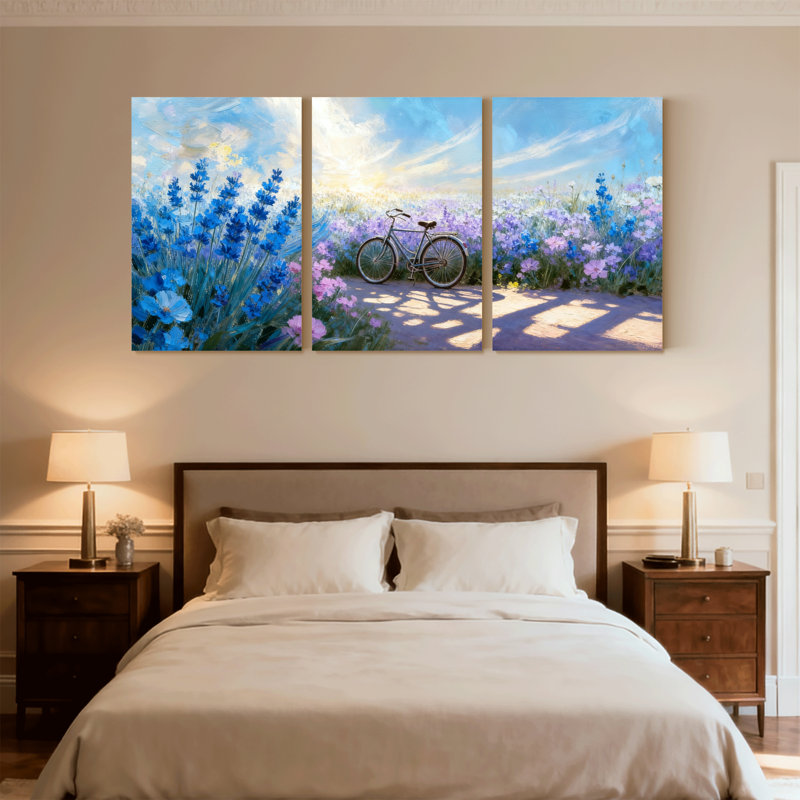Assortiment de bouquets de fleurs bleues avec chemin de bicyclette, ciel et ombre, ensemble de 3 toiles murales