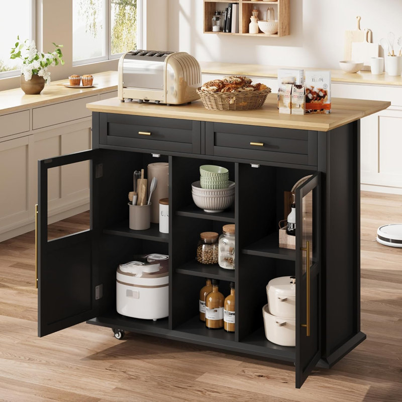 Îlot de cuisine, chariot roulant pour îlot de cuisine sur roulettes avec plateau rabattable, Noir