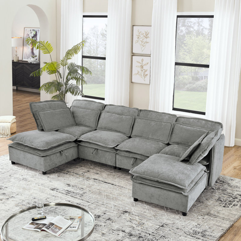 Elysara Modular Sleeper Sofa Convertible Sectional, Gray Polyester Blend, 32" H x 124.4" W x 63" D