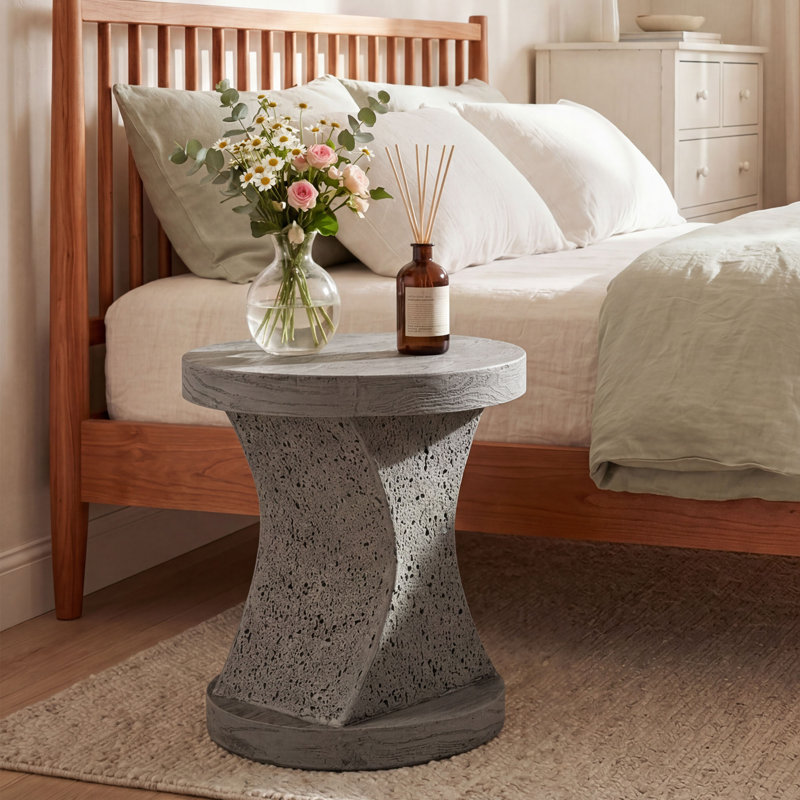 Hourglass-Shaped Side Table With Wood & Travertine Textured Finish