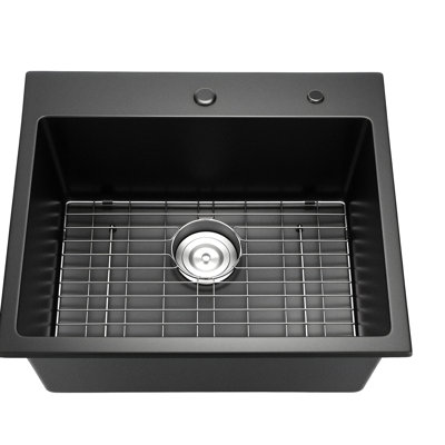 Évier de cuisine en granite noir à simple cuve de 25 po pour téléviseur et bar, composite de quartz, non poreux, résistant aux égratignures, multi-pièces avec drain à grille, idéal pour économiser de l'espace dans les cuisines.