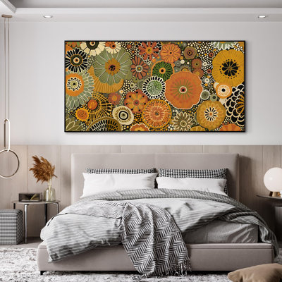 Retro Floral Burst Vibrant Orange and Green Illustrations Extra Large Framed Wall Art Print Decor (Frame Assembly Required)
