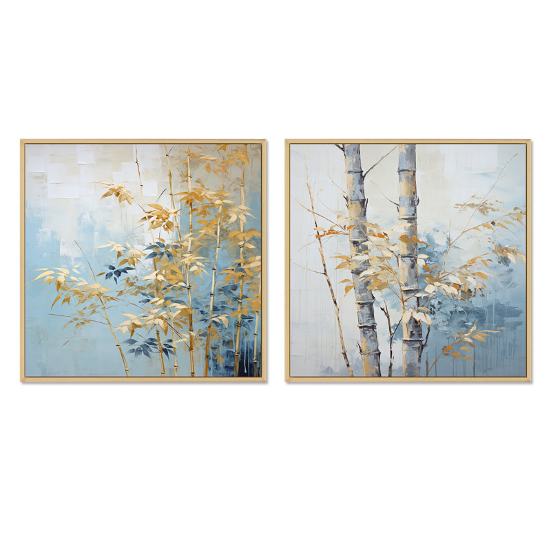 Danse de bambou bleue et dorée - ensemble de 2 collages carrés en bambou, Cadre flottant brun, H 30 po x l 61 po