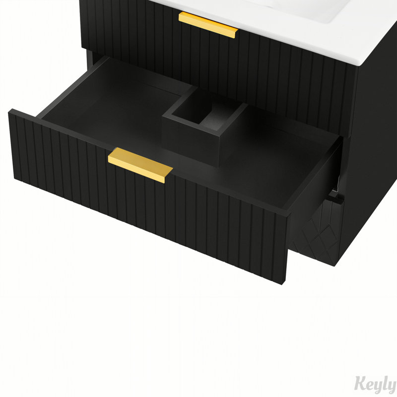Armoire flottante murale de 24 pouces avec tiroir double, meuble-lavabo moderne avec lavabo en céramique et trou de robinet simple, conception peu encombrante