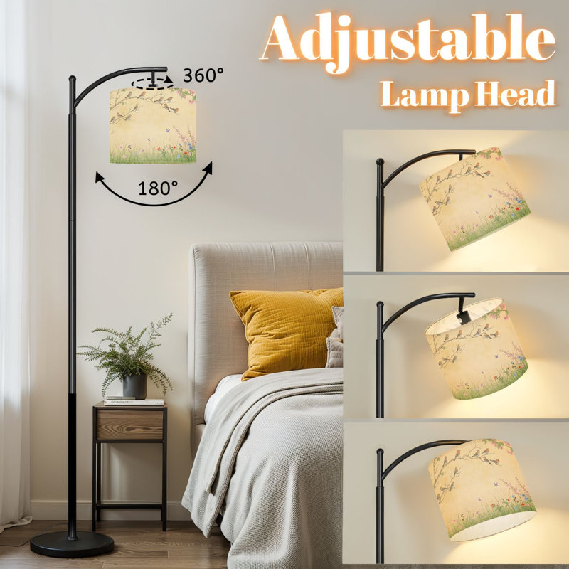 Lampe sur pied à arc avec fleurs et couleurs pastel douces avec abat-jour réglable et lampe 3 lumières à DEL avec télécommande pour salon