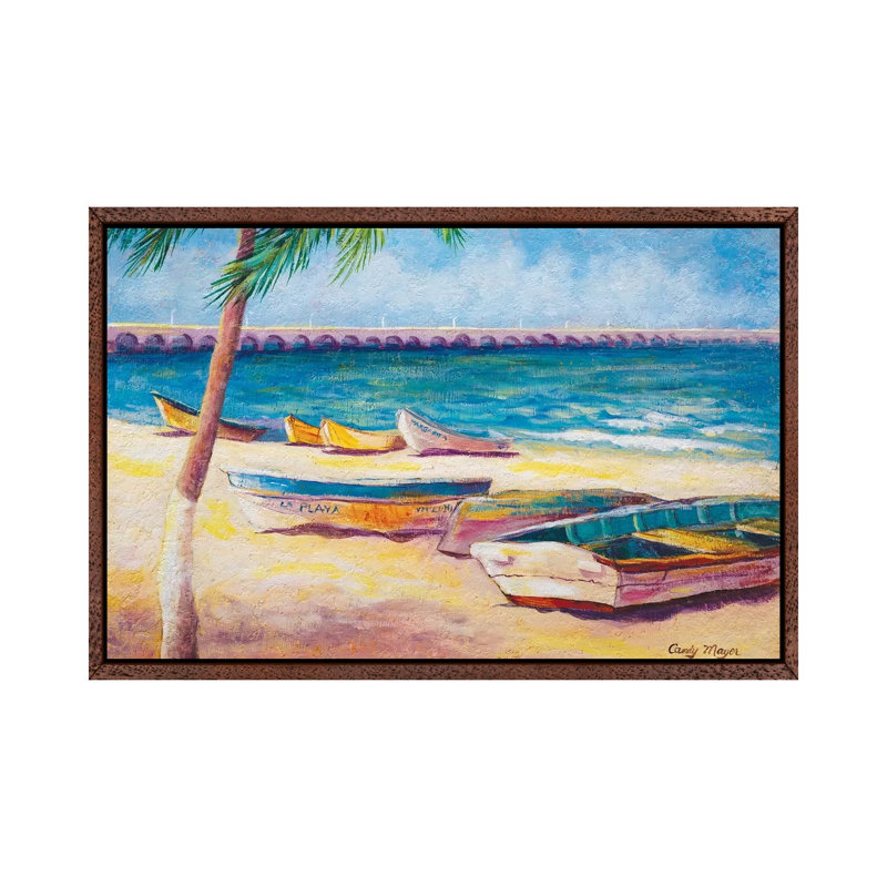 Mexican Beach by Candy Mayer - Painting on Canvas, 66.04cm H x 101.6cm W x 3.81cm D, Classic Brown Wood Framed