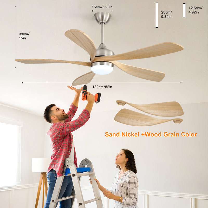  52" Modern Smart Ceiling Fan With Light, 6-speed Quiet Dc Motor & 3-color Led，remote Control With Timer，orginsl, Nickel