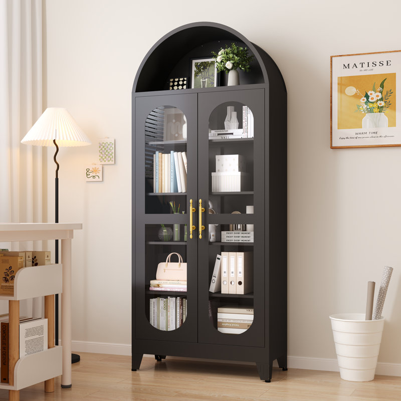 Modern Metal Arched China Cabinet With Glass Doors, Black
