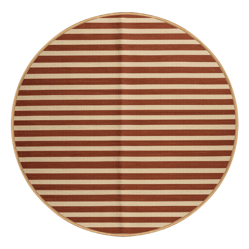 Tapis brun à rayures horizontales lavable à la machine, Rond 3 pi