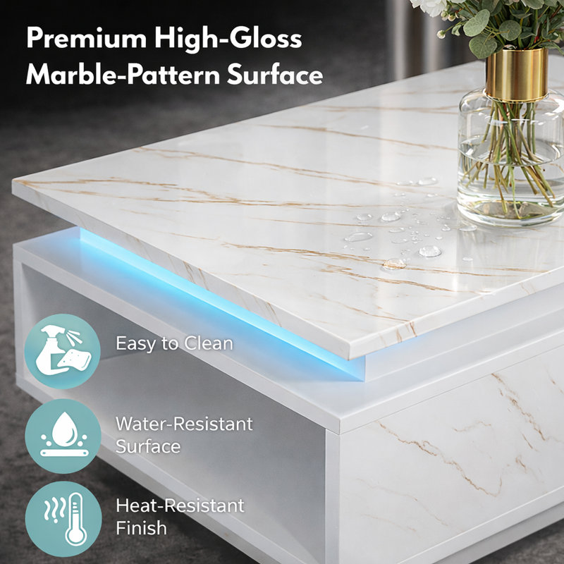 47.2" LEd Coffee Table with Storage, Smart Coffee Table with Wireless Charging and Bluetooth Speaker, 2-tier High-gloss Marble-pattern Modern Coffee Table for Living Room, White