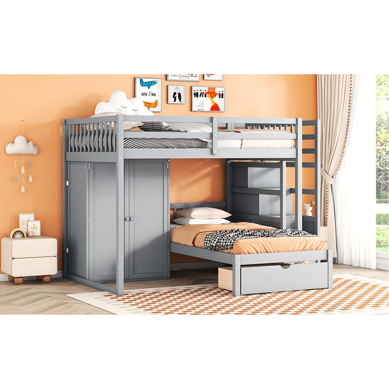 Lit superposé gris avec solutions de rangement intelligentes - garde-robe, tiroirs et gestion efficace de l'espace au-dessus d'un lit simple, gris. Garde-robe et pour un rangement supplémentaire. Économie. 97,9 po x 80 po 64,6 po. Bois massif. Hauteur