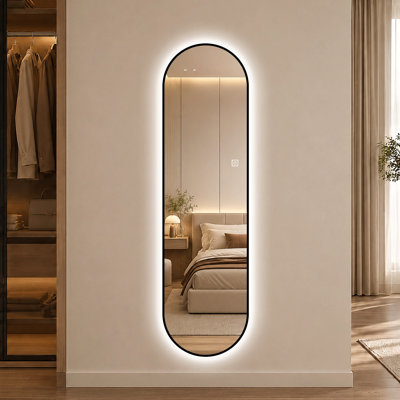 65" x 18" Capsule-Shaped Dimmable LED Full Length Wall Mirror with Black Frame
