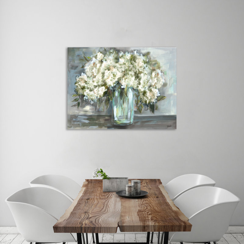 Hortensia en fleurs dans un pot Mason, toile tendue avec châssis, H 15 po x l 20 po x P 1,5 po