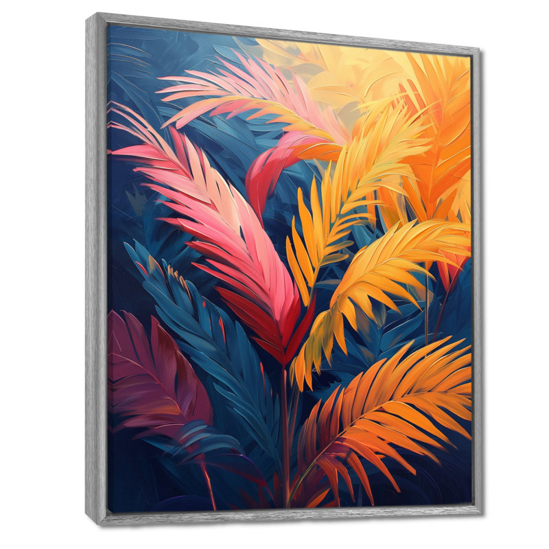 Impression sur toile orange, feuilles de palmier roses - Vibrant Dreams - palmiers et palmiers, Encadrement argenté