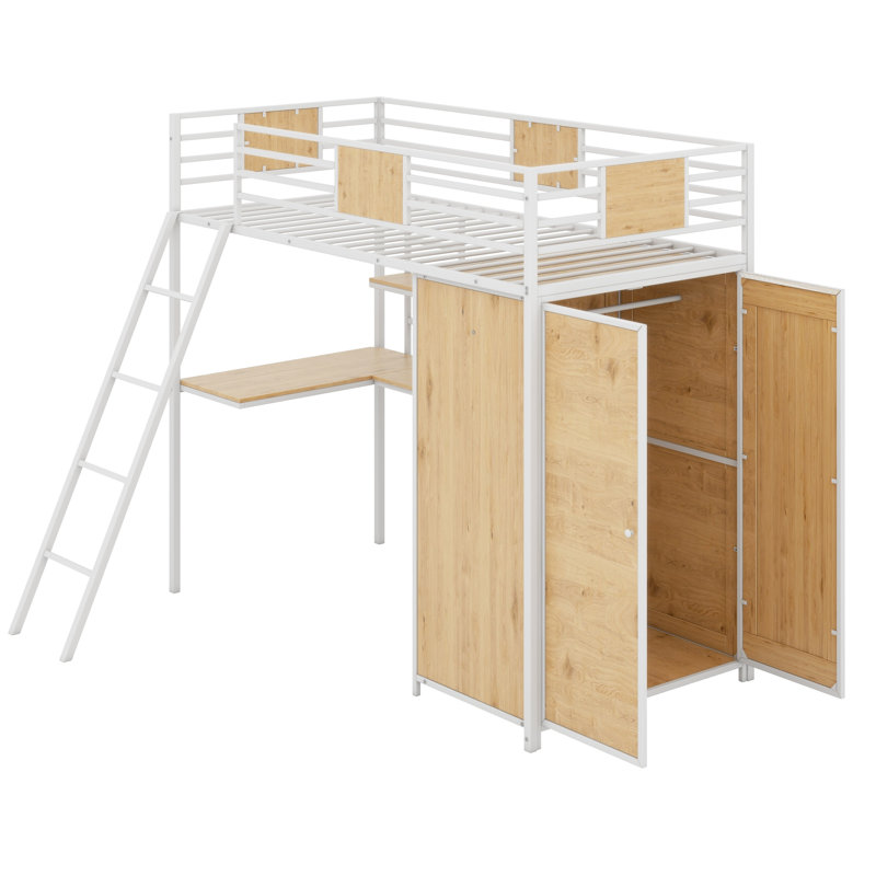 Lit mezzanine avec bureau en L et garde-robe, Blanc/naturel