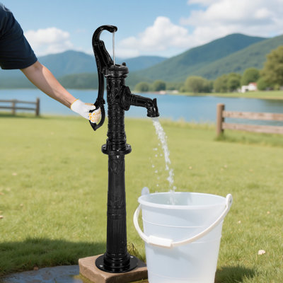 Well Hand Pitcher Pump, 20 ft Max Lift, Antique Cast Iron Manual Hand Water Pump with Heightening Base, NPT 1-1/4 in Connection, Easy Installation, for Outdoor Garden, Pond, Yard, Farm, Black