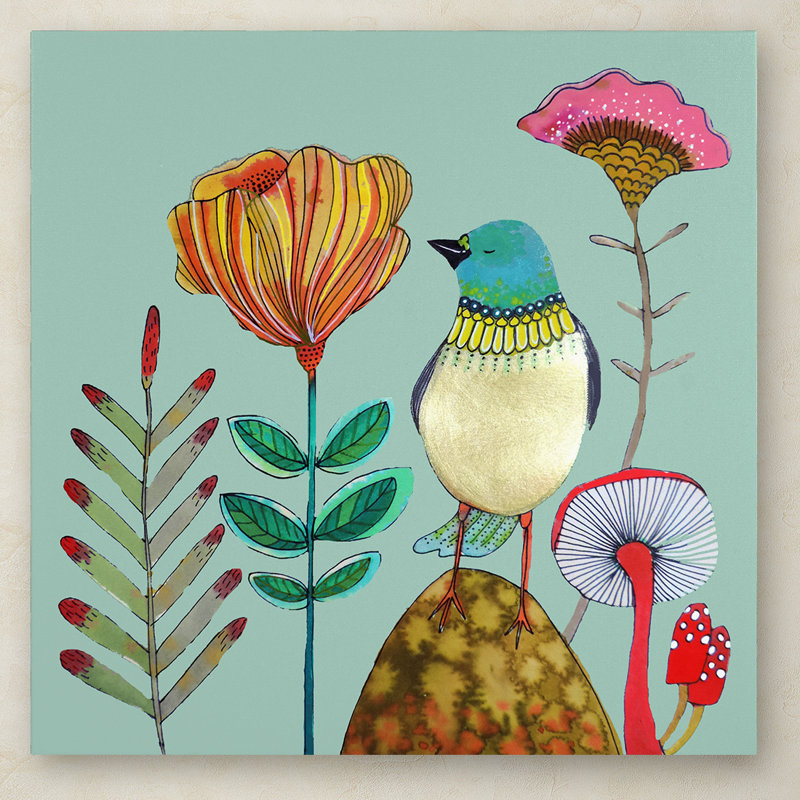 Colorful Blue Bird and Flowers Abstract Canvas Art