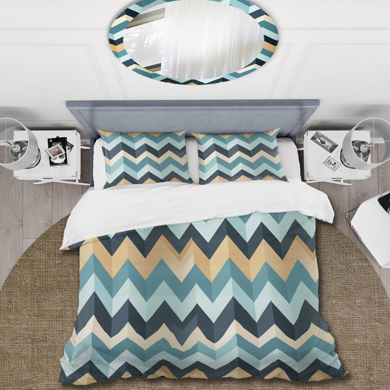 Ensemble de housse de couette à chevrons géométriques bleu et beige - Microfibre polyester