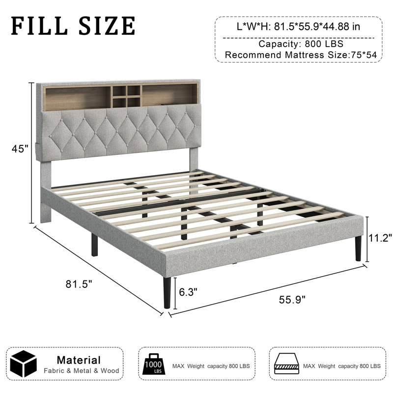 Queen Size Bed Frame with 2-Tier Storage Adjustable Headboard & Charging Station, Solid and Stable, No Box Spring Needed, Noise Free, Easy to Assemble, Gray