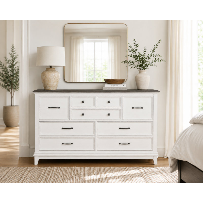 Mikels Rustic Oak Wood 66"W 8‑Drawer Dresser