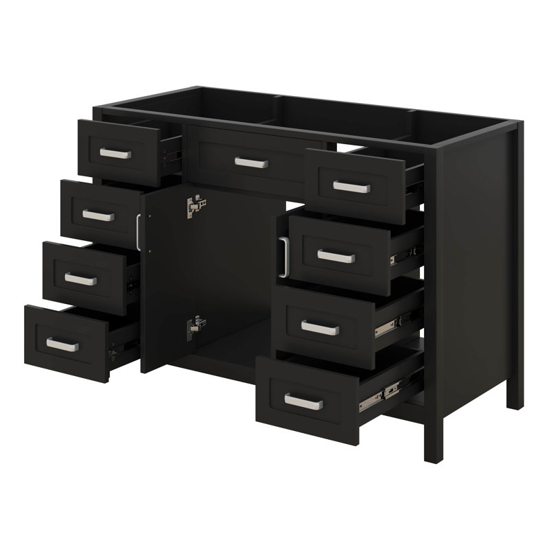 Meuble-lavabo de 47 po sans lavabo, armoire seulement, 2 portes et 8 tiroirs, système de fermeture en douceur, panneau de fibres à densité moyenne robuste et pieds en pin massif, poignées en aluminium