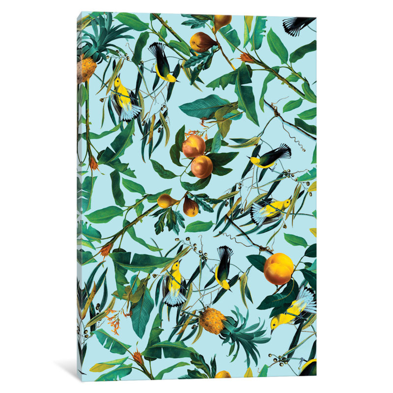 "fruits et oiseaux" , impression sur toile tendue, H 18 po x l 12 po x P 1,5 po, Pas de tapis, Toile tendue