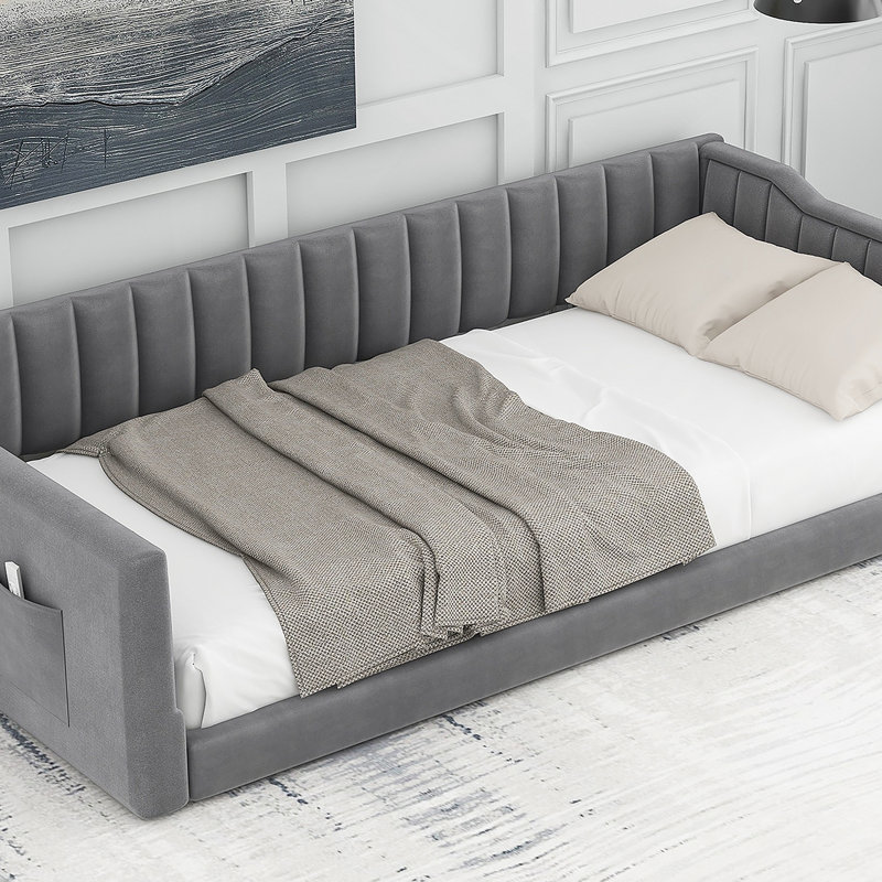Twin XL Size Upholstery Daybed And Side Storage Pocket,Gray(Expected Arrival Time:1.7), Gray