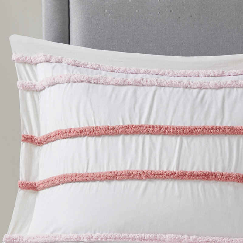 Haisley Cotton Comforter Set with Chenille Trim, Full / Queen Comforter + 2 Shams + 2 Throw Pillows, Pink