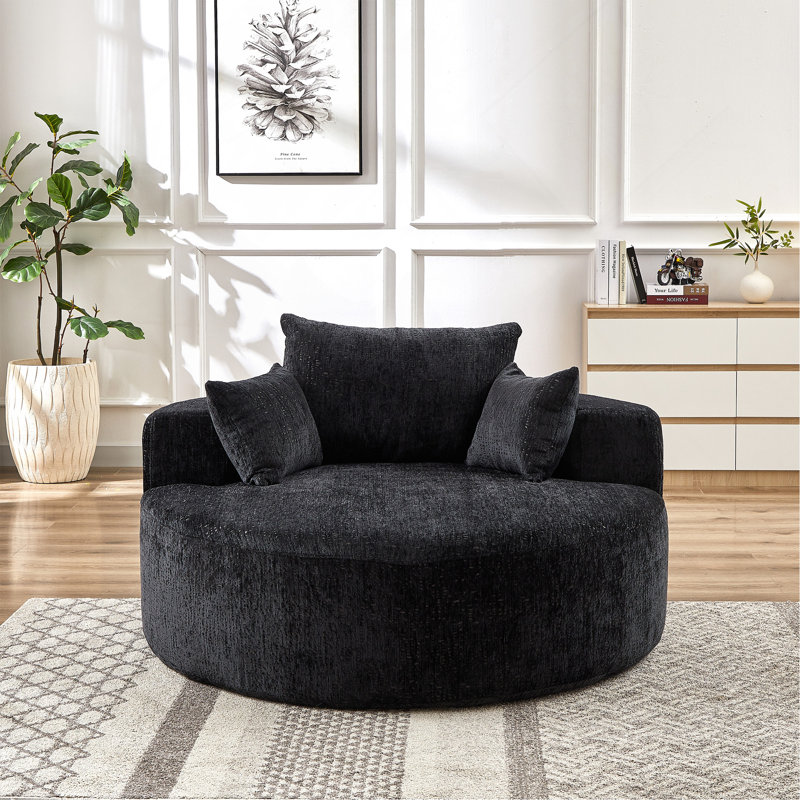 Boneless Sponge Single Sofa,fluffy Modern Sleeper Chair, Black Chenille, 35" H x 55" W x 55" D