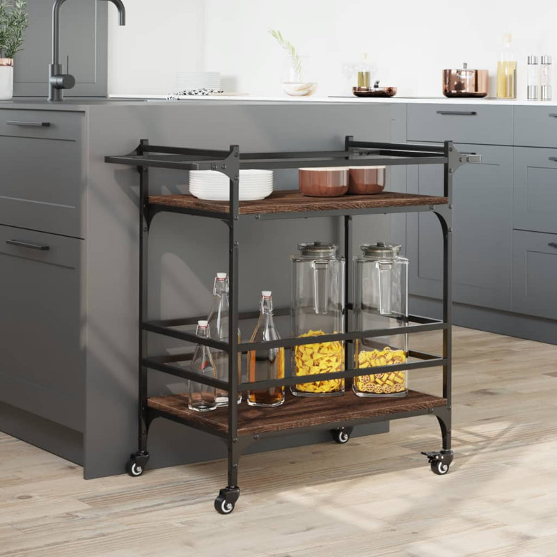 Newlon Metal Bar Cart, Brown Oak