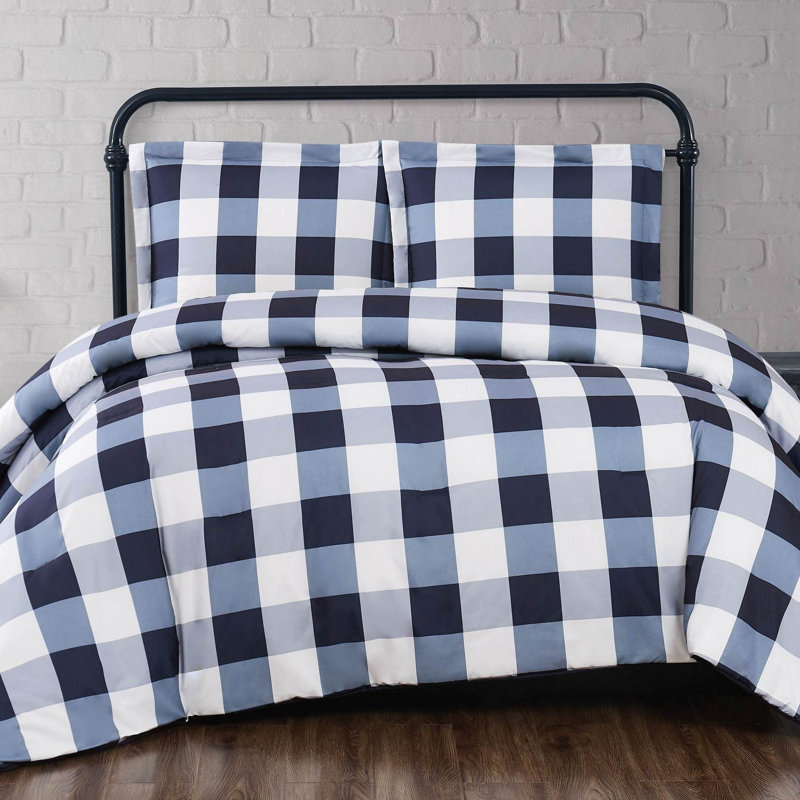 Ensemble de style campagnard en microfibre Buffalo, Carreaux bleu marine, Édredon double/grand et 2 taies décoratives