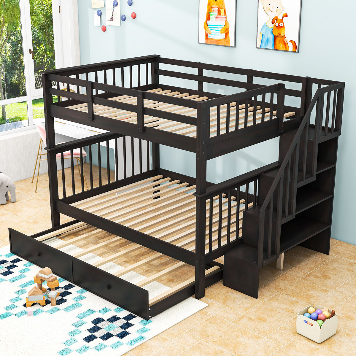 Harriet Bee Full Over Full Wooden Bunk Bed With Twin Trundle And ...