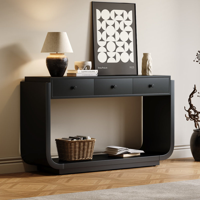Naun 55.04‘’ Curved  Console Table, 3 Storage Drawers Sturdy Bottom Shelf And Display Shelf, Black