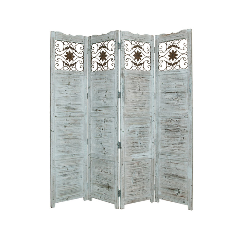 Cloison 4 panneaux pliables en bois massif l 76 po x H 84 po Shivani, Bleu
