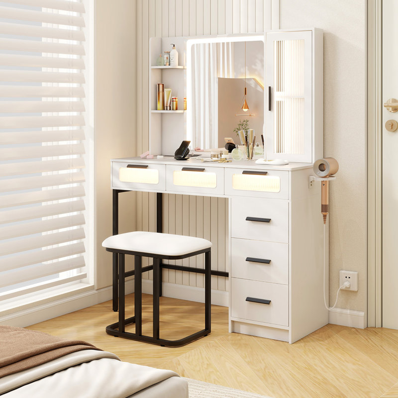  Bureau de meuble-lavabo avec éclairage à induction à miroir 3 modes d'éclairage blanc Station de charge