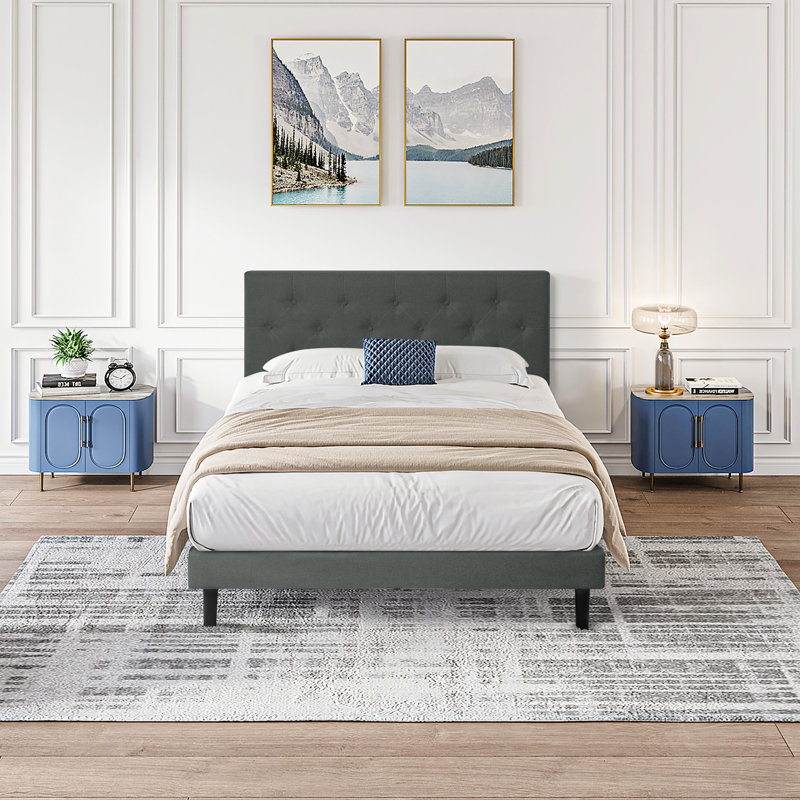 Lit plateforme tapissier simple gris foncé, tête de lit moderne en lin, aucun sommier nécessaire, support à lattes en bois, assemblage sans effort, structure de lit avec poids maximal de 300 lb et tissu