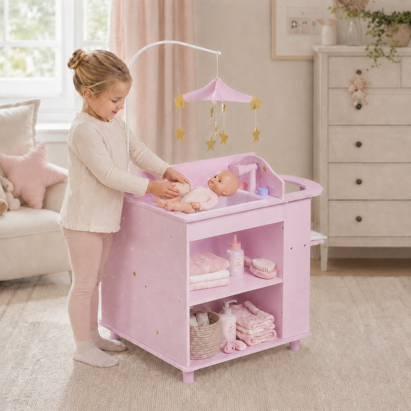 Teamson Kids Olivia Little World 6-in-1 Wooden Baby Doll Nursery Playset, Pretend Play Changing Station with Crib, Purple