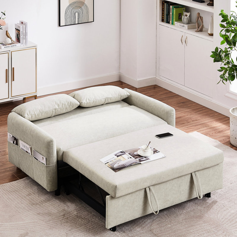 2 cadres de lit escamotables réglables, 2 ports, poches de rangement et 2 coussins - aspect beige pour appartement, Beige