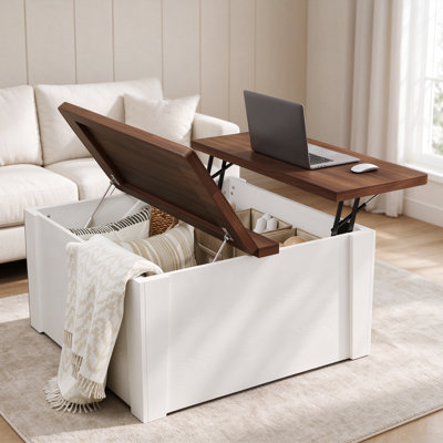 Table basse relevable moderne – Table centrale carrée de 80 cm avec double plateau pivotant, vérin à gaz réglable et rangement dissimulé – Design gain de place pour le salon – Plateau blanc et noyer