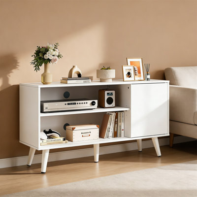 TV Stand For 43 Inch TV, Small Entertainment Center With Storage Cabinet & Adjustable Shelves, Mid-Century Modern, 32 Inch TV Console, White