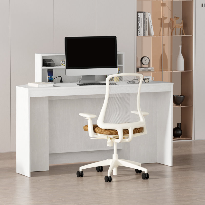 Bureau de réception avec 6 tablettes ouvertes avec prise de courant, Blanc
