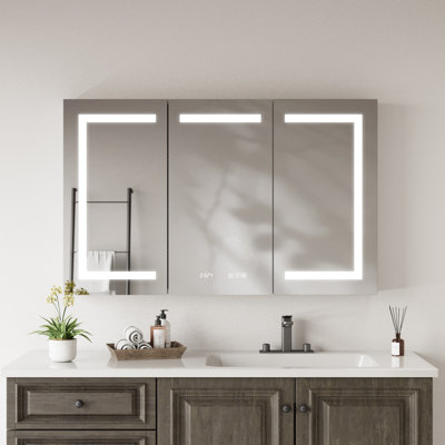 Miroir à pharmacie sans cadre à DEL avec 3 lumières à intensité variable de couleur, armoires à pharmacie encastrées / murales argentées de 48 x 30 pouces avec 3 tablettes réglables, armoire de salle de bain avec rangement, à brancher / câblé, anti-buée, affichage de la température