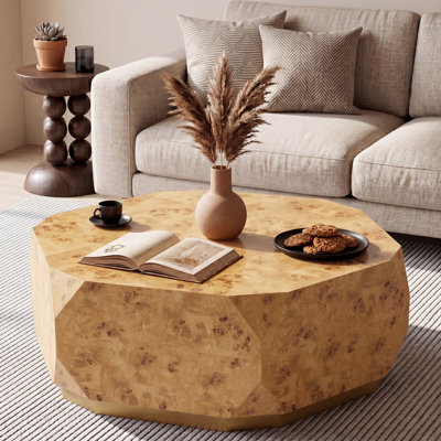 39" Natural Burl Solid Wood Drum Coffee Table