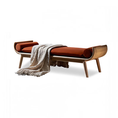 64.96 inches beige rectangular cushioned wooden rattan minimalist-style bedroom bench
