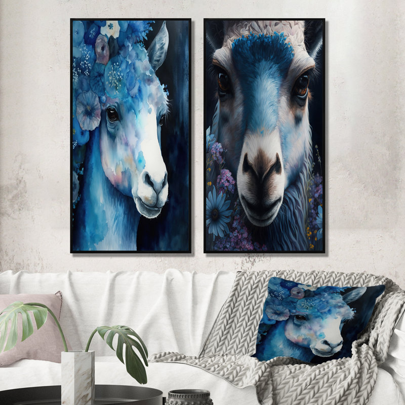 «Llama With Flowers», 2 pièces sur toile, H 32 po x l 32 po, Cadre noir