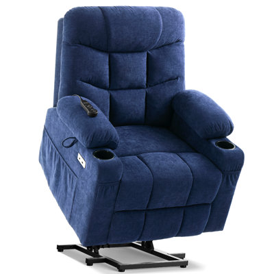 Dual Motor Power Lift Chair Recliner for Elderly with Massage and Heat, Infinite Position Electric Lift Recliner with USB A&C, Cup Holders (T6012 - Chenille Fabric, Blue, Medium)