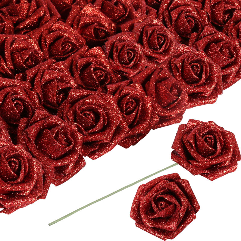 30PCS Fleurs artificielles Roses dorées Fleurs artificielles Roses scintillantes, Rouge
